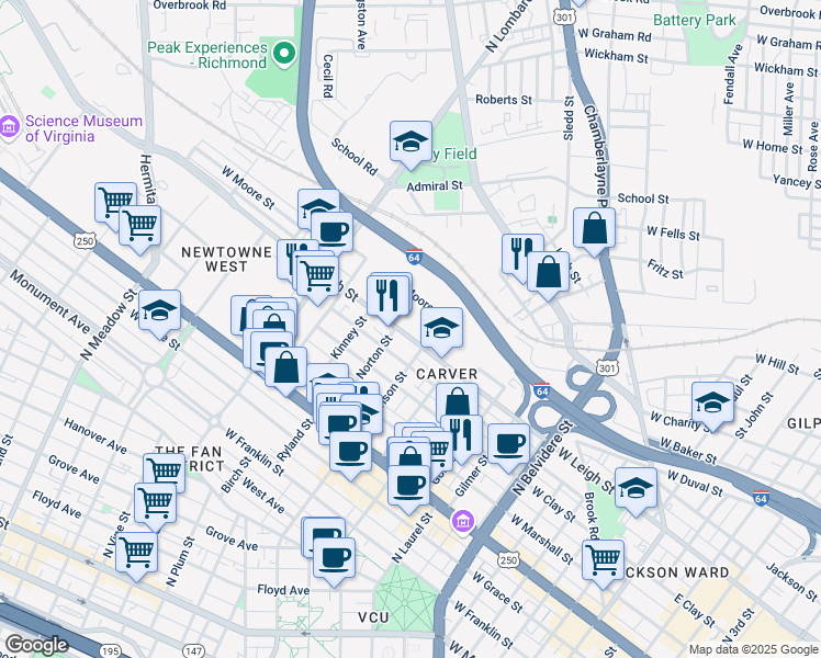 map of restaurants, bars, coffee shops, grocery stores, and more near 1016 North Harrison Street in Richmond