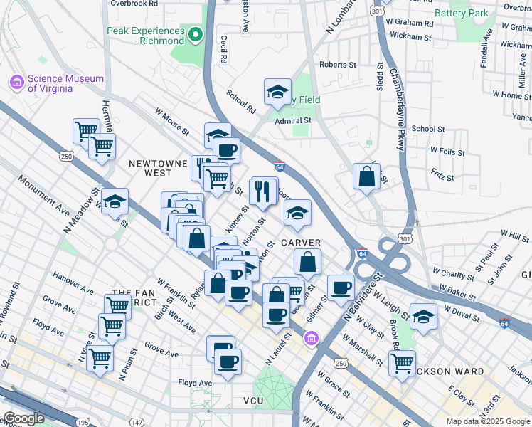 map of restaurants, bars, coffee shops, grocery stores, and more near 1301 East Leigh Street in Richmond
