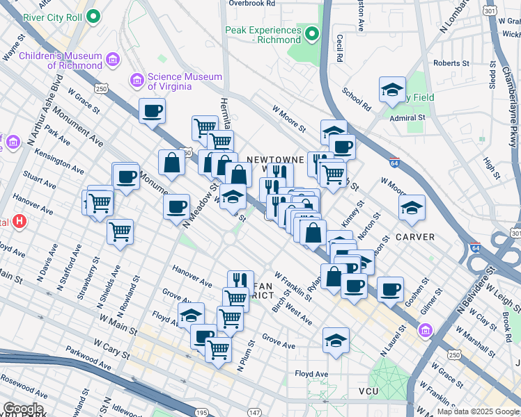 map of restaurants, bars, coffee shops, grocery stores, and more near in Richmond