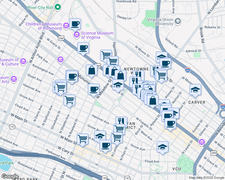 map of restaurants, bars, coffee shops, grocery stores, and more near 1818 West Grace Street in Richmond