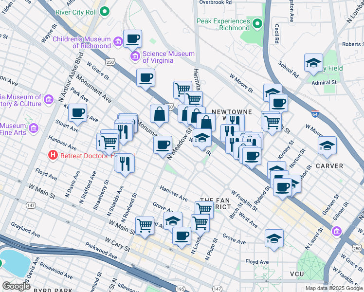 map of restaurants, bars, coffee shops, grocery stores, and more near in Richmond