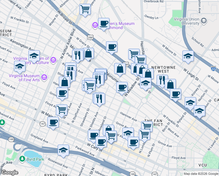 map of restaurants, bars, coffee shops, grocery stores, and more near 2042 Park Avenue in Richmond