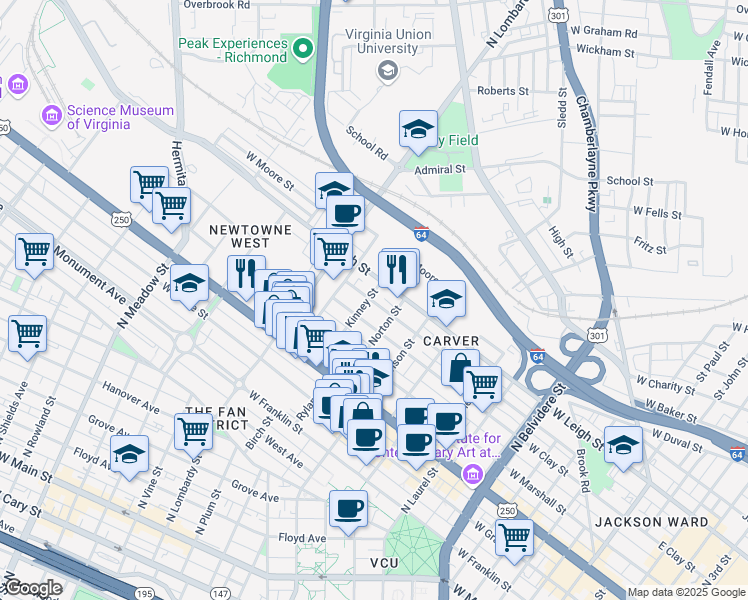 map of restaurants, bars, coffee shops, grocery stores, and more near 901 Kinney Street in Richmond