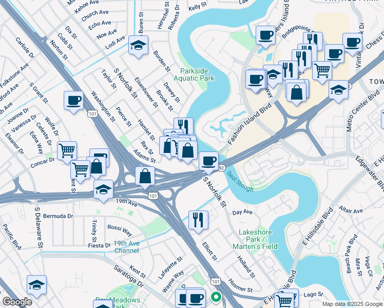 map of restaurants, bars, coffee shops, grocery stores, and more near 1885 S Norfolk St in San Mateo