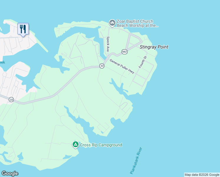 map of restaurants, bars, coffee shops, grocery stores, and more near 173 Gillim Road in Deltaville