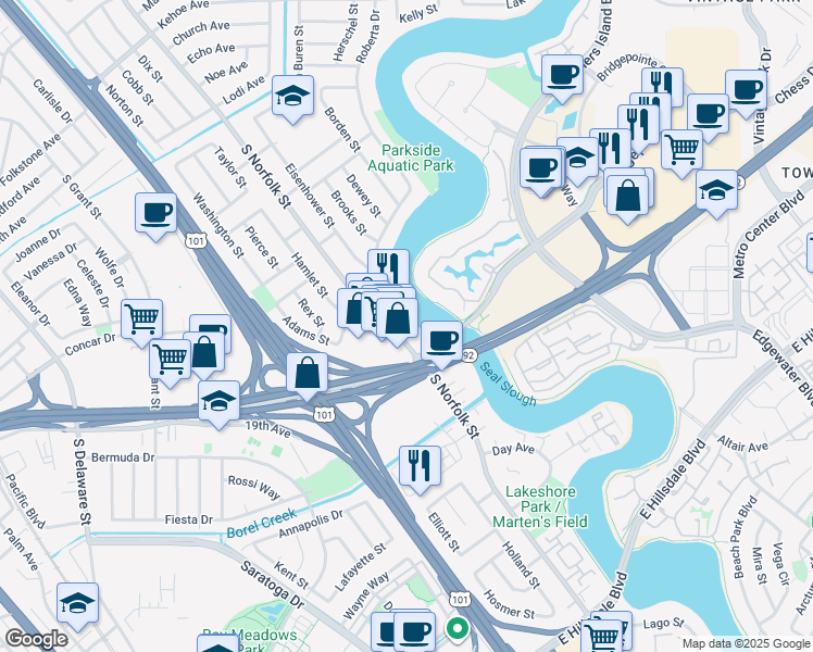 map of restaurants, bars, coffee shops, grocery stores, and more near 1885 South Norfolk Street in San Mateo