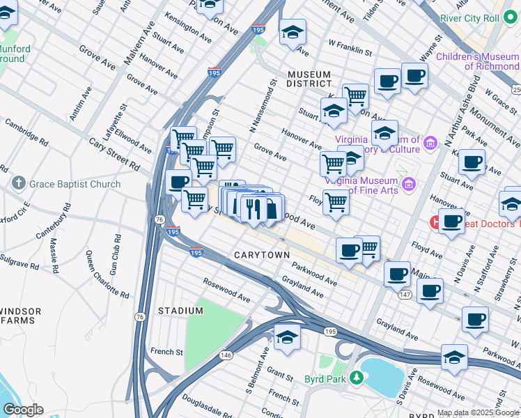 map of restaurants, bars, coffee shops, grocery stores, and more near 3311 Ellwood Avenue in Richmond