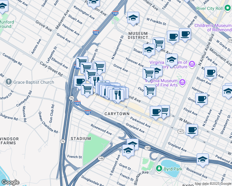 map of restaurants, bars, coffee shops, grocery stores, and more near 3311 Ellwood Avenue in Richmond