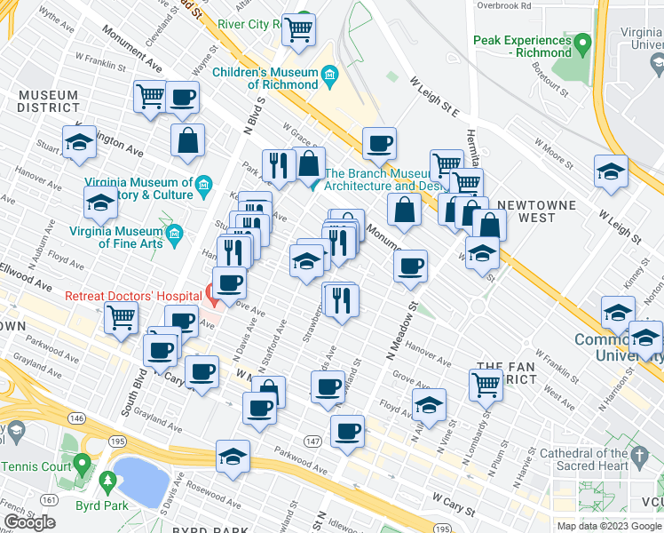 map of restaurants, bars, coffee shops, grocery stores, and more near 2302 Stuart Avenue in Richmond