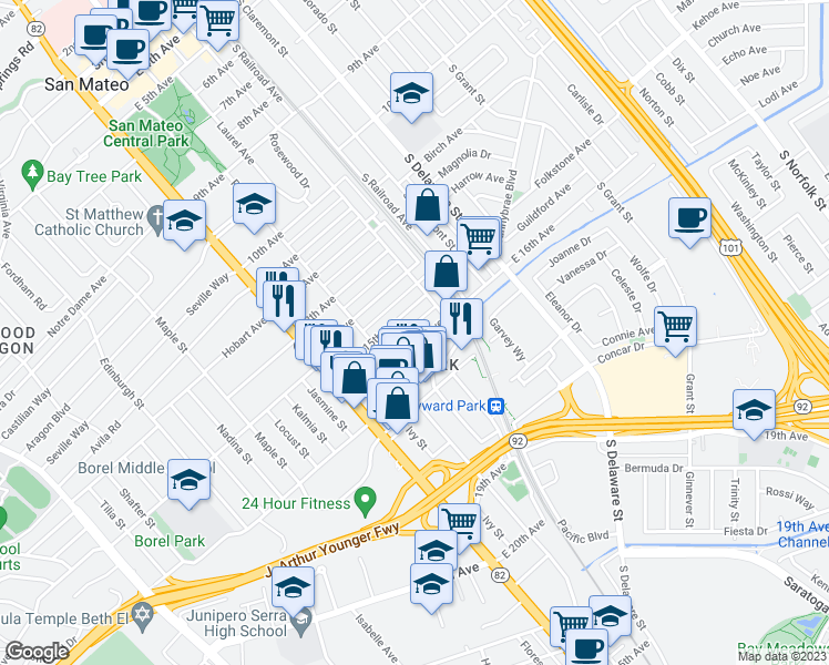 map of restaurants, bars, coffee shops, grocery stores, and more near 137 16th Avenue in San Mateo