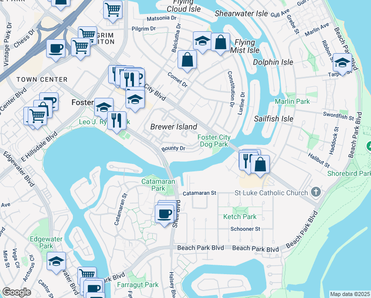 map of restaurants, bars, coffee shops, grocery stores, and more near 755 Bounty Drive in Foster City