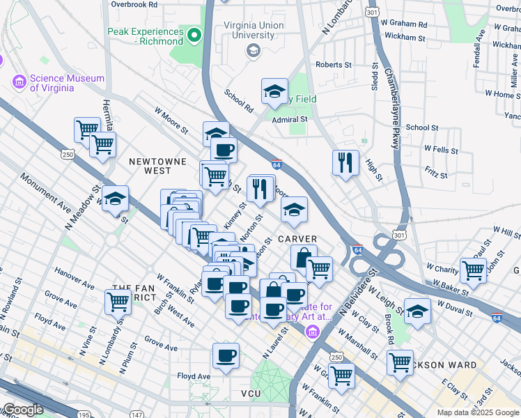 map of restaurants, bars, coffee shops, grocery stores, and more near 1303 West Leigh Street in Richmond