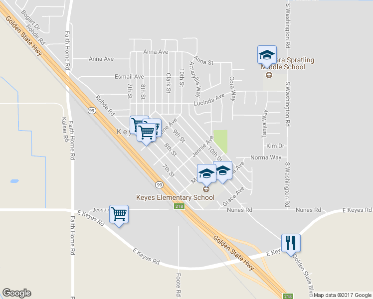 map of restaurants, bars, coffee shops, grocery stores, and more near 5567 9th Street in Keyes