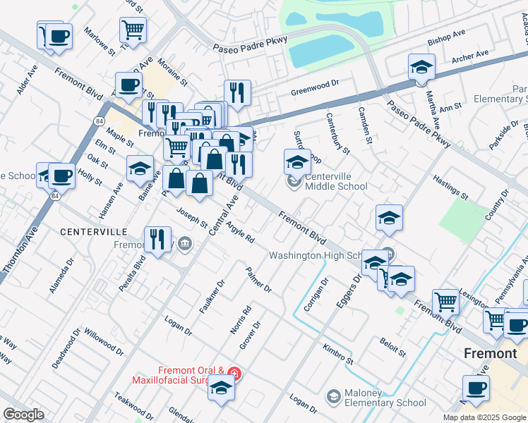map of restaurants, bars, coffee shops, grocery stores, and more near 37711 Fremont Boulevard in Fremont