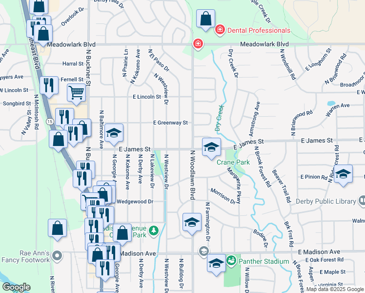 map of restaurants, bars, coffee shops, grocery stores, and more near 1108 North El Paso Drive in Derby