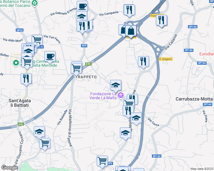 map of restaurants, bars, coffee shops, grocery stores, and more near 30 Via Lipari in San Giovanni La Punta