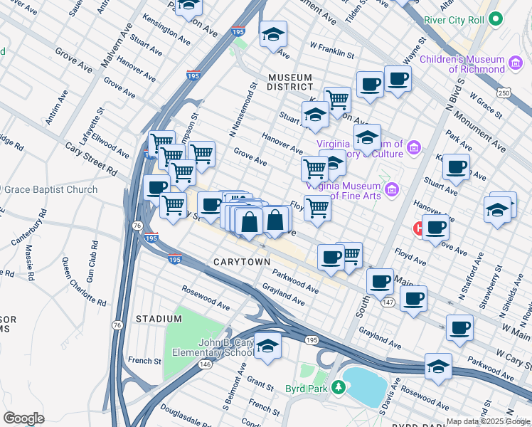 map of restaurants, bars, coffee shops, grocery stores, and more near 3206 Ellwood Avenue in Richmond