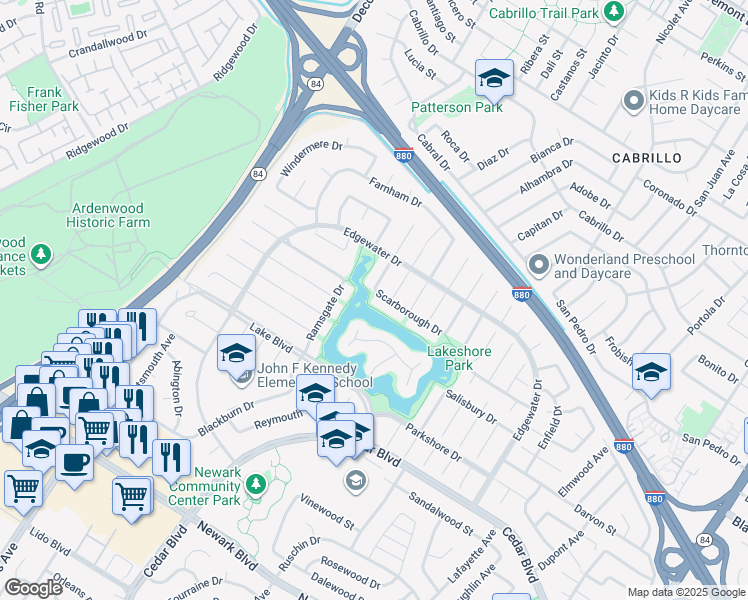 map of restaurants, bars, coffee shops, grocery stores, and more near 35605 Scarborough Drive in Newark