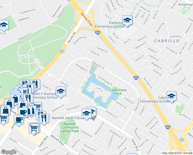map of restaurants, bars, coffee shops, grocery stores, and more near 35605 Scarborough Drive in Newark