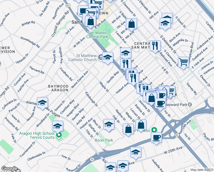 map of restaurants, bars, coffee shops, grocery stores, and more near 133 Seville Way in San Mateo