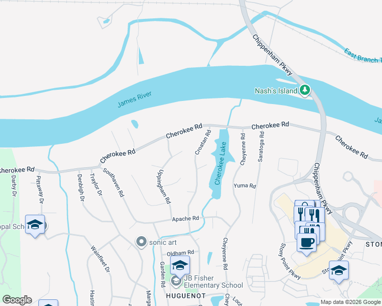 map of restaurants, bars, coffee shops, grocery stores, and more near 4430 Croatan Road in Richmond