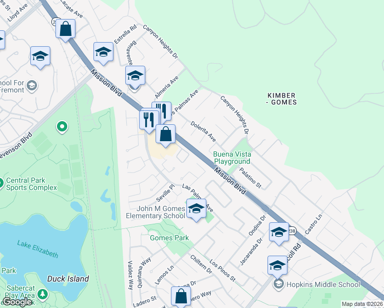 map of restaurants, bars, coffee shops, grocery stores, and more near 67 Delegado Court in Fremont