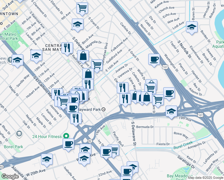 map of restaurants, bars, coffee shops, grocery stores, and more near 1650 South Delaware Street in San Mateo