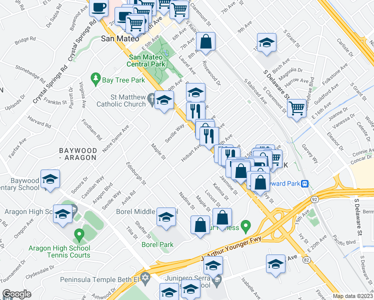 map of restaurants, bars, coffee shops, grocery stores, and more near 105 Avila Road in San Mateo