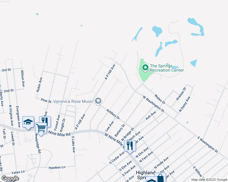map of restaurants, bars, coffee shops, grocery stores, and more near 115 Longstreet Avenue in Highland Springs