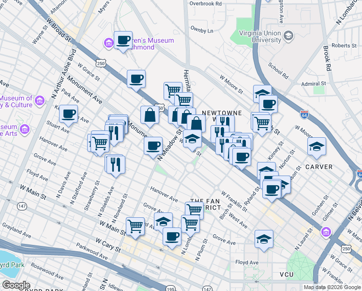 map of restaurants, bars, coffee shops, grocery stores, and more near in Richmond