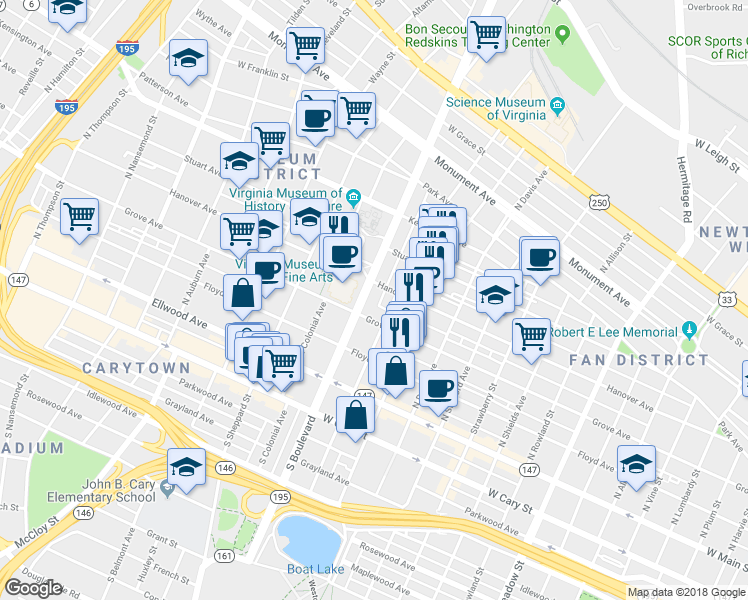 map of restaurants, bars, coffee shops, grocery stores, and more near 219 North Arthur Ashe Boulevard in Richmond