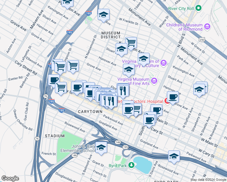 map of restaurants, bars, coffee shops, grocery stores, and more near 3151 Floyd Avenue in Richmond