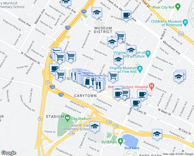 map of restaurants, bars, coffee shops, grocery stores, and more near 3210 Ellwood Avenue in Richmond