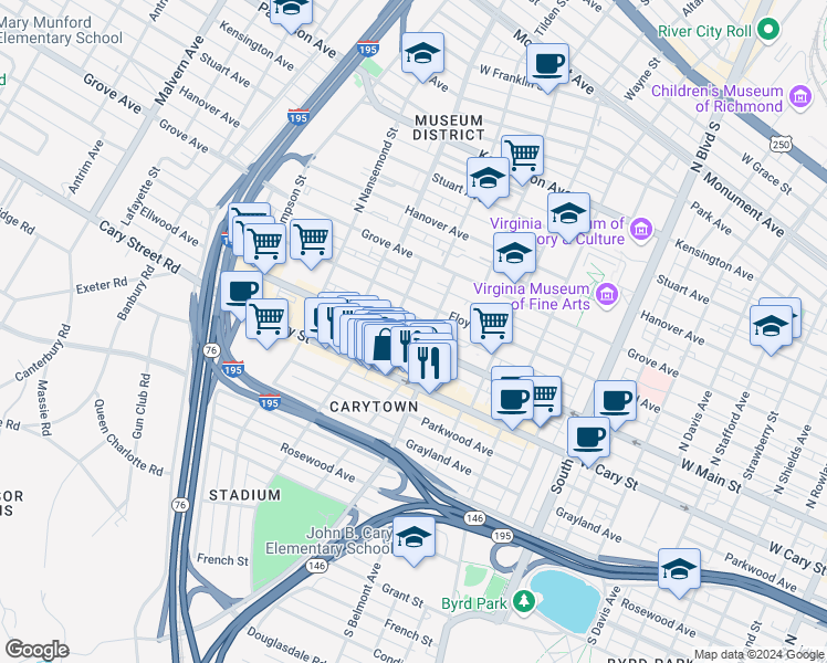 map of restaurants, bars, coffee shops, grocery stores, and more near 3210 Ellwood Avenue in Richmond