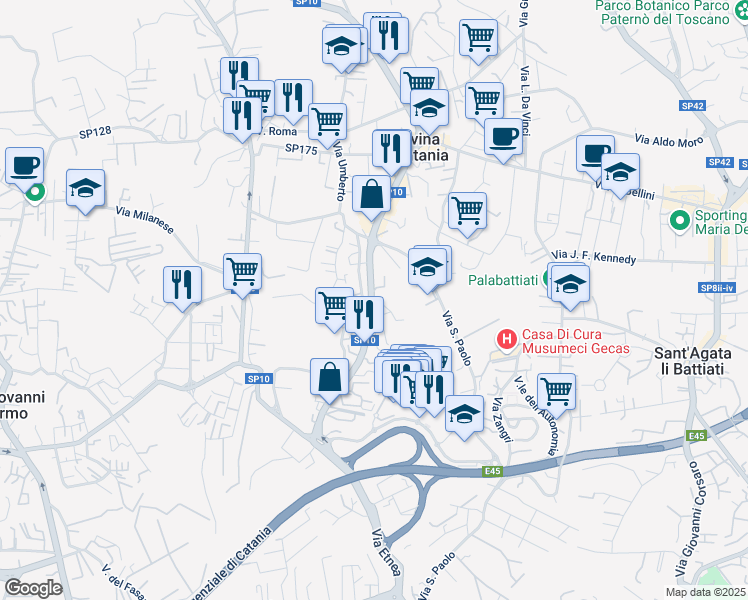 map of restaurants, bars, coffee shops, grocery stores, and more near 15 Via Giorgio Arcoleo in Gravina di Catania