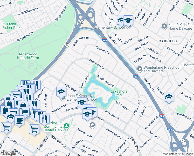 map of restaurants, bars, coffee shops, grocery stores, and more near 35605 Scarborough Drive in Newark
