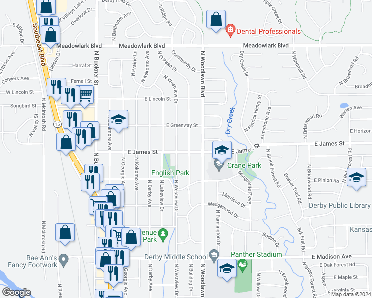map of restaurants, bars, coffee shops, grocery stores, and more near 1101 North El Paso Drive in Derby