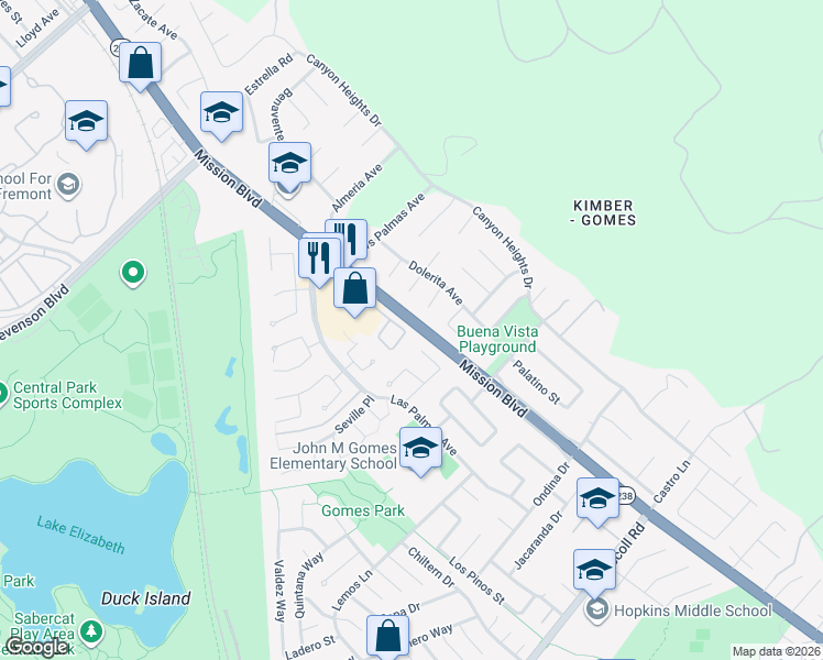 map of restaurants, bars, coffee shops, grocery stores, and more near 67 Delegado Court in Fremont