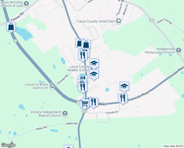 map of restaurants, bars, coffee shops, grocery stores, and more near 911 South Lincoln Boulevard in Hodgenville