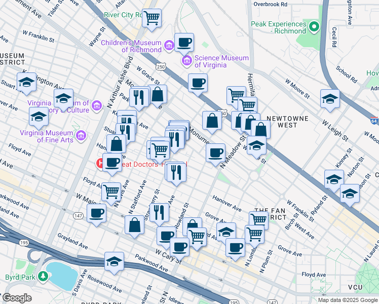 map of restaurants, bars, coffee shops, grocery stores, and more near 2203 Park Avenue in Richmond