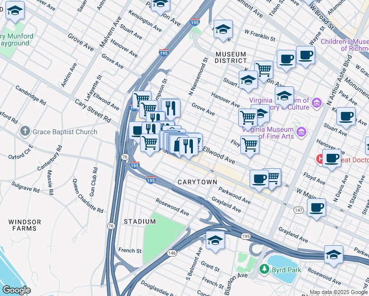 map of restaurants, bars, coffee shops, grocery stores, and more near 3410 West Cary Street in Richmond