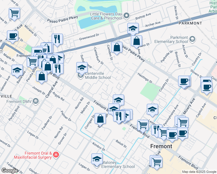 map of restaurants, bars, coffee shops, grocery stores, and more near 3716 Oxford Common in Fremont
