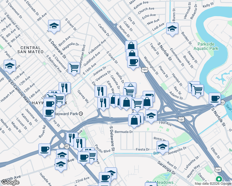 map of restaurants, bars, coffee shops, grocery stores, and more near 697 Edna Way in San Mateo