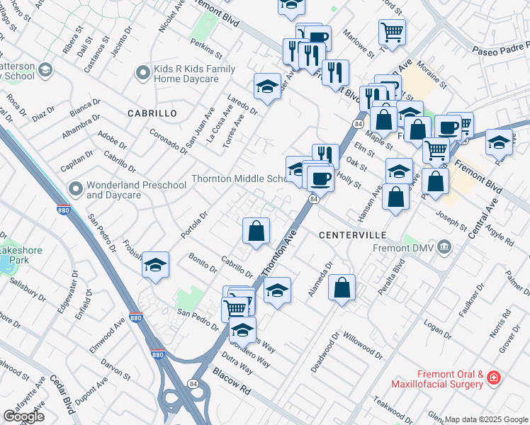 map of restaurants, bars, coffee shops, grocery stores, and more near 4546 Bartolo Terrace in Fremont