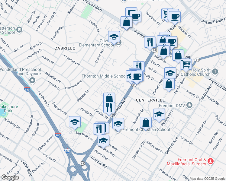 map of restaurants, bars, coffee shops, grocery stores, and more near 4546 Bartolo Terrace in Fremont