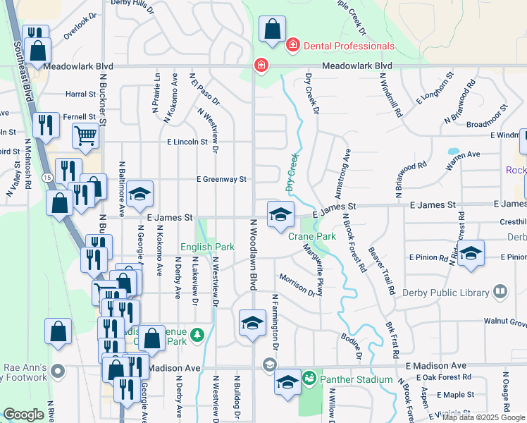 map of restaurants, bars, coffee shops, grocery stores, and more near 806 E James St in Derby