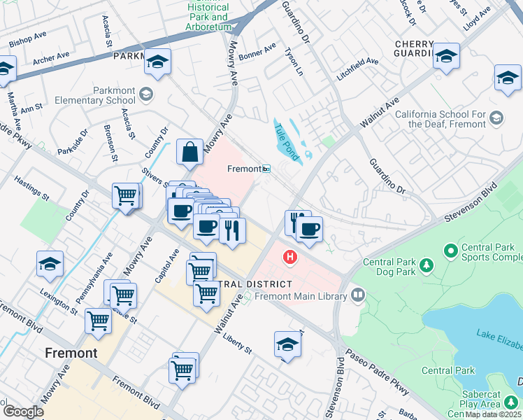 map of restaurants, bars, coffee shops, grocery stores, and more near 2201 Walnut Ave in Fremont