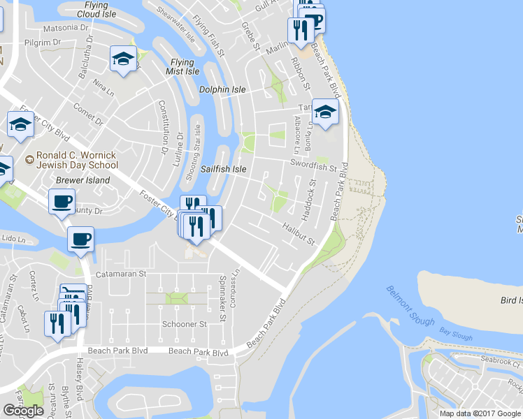 map of restaurants, bars, coffee shops, grocery stores, and more near 1327 Halibut Street in Foster City