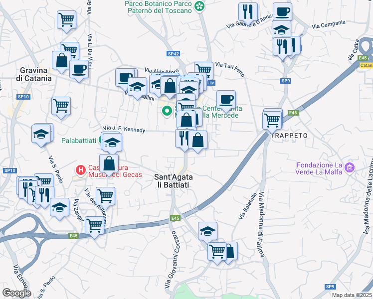 map of restaurants, bars, coffee shops, grocery stores, and more near 45 Via Umberto in Sant'Agata li Battiati