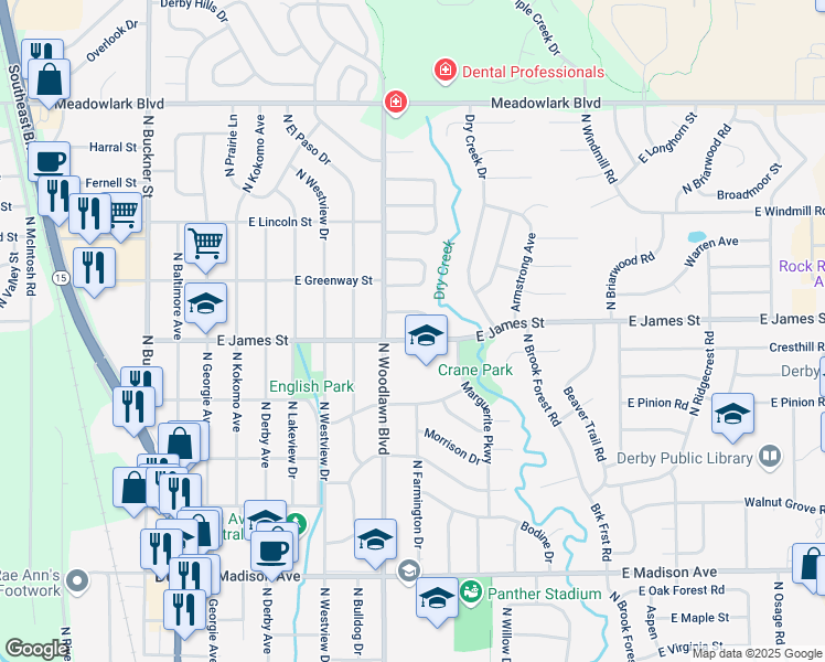 map of restaurants, bars, coffee shops, grocery stores, and more near 806 James St in Derby